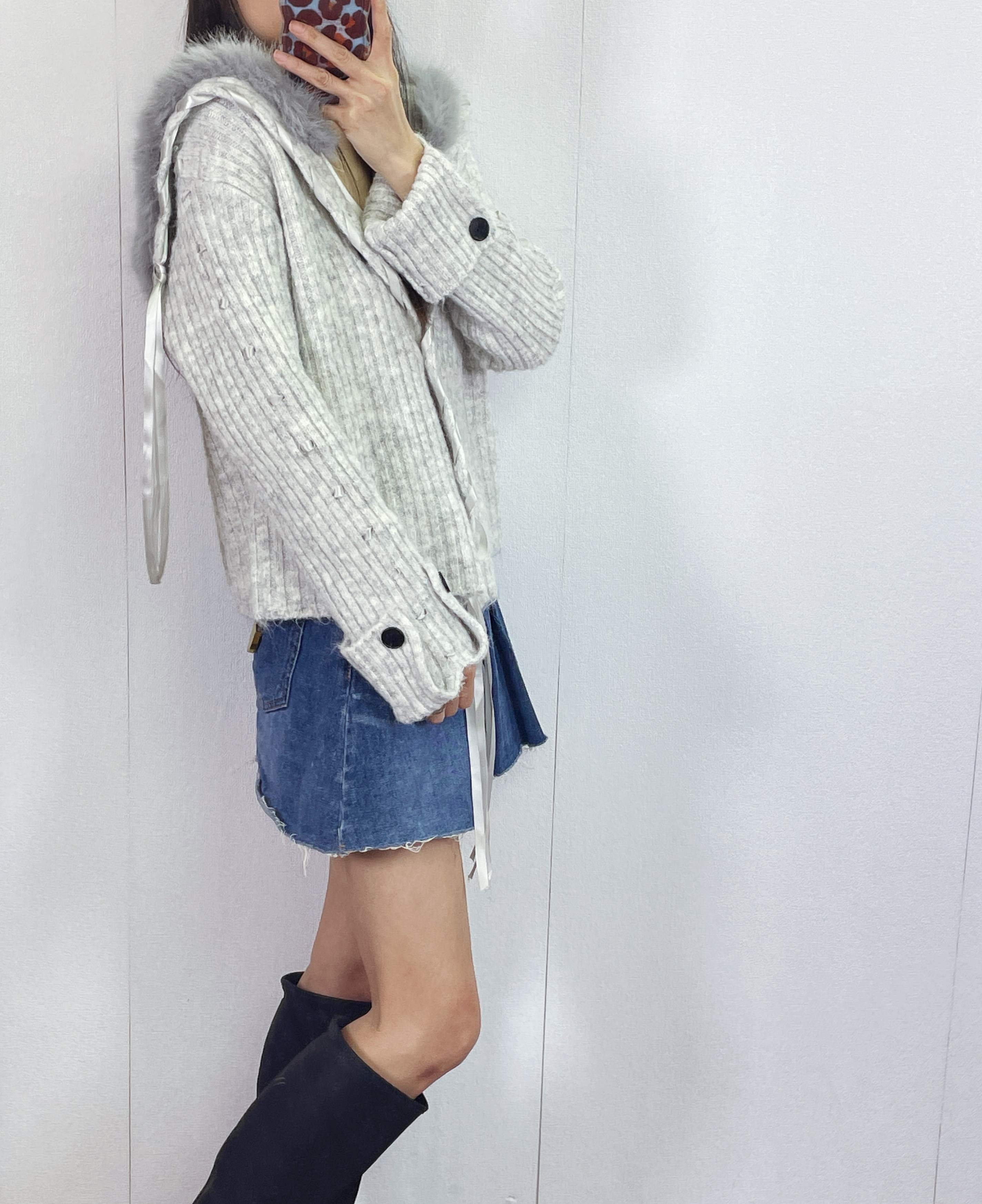 K5531 毛毛領拼絲帶針織外套