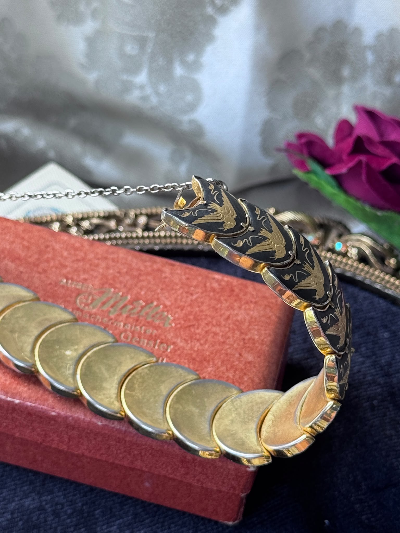 Mid-Century Black & Gold Damascene Crescent Shape Bird Bracelet  - 7.5" (MT2617)