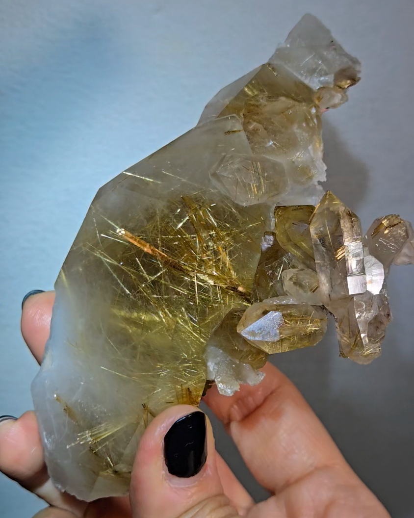 Golden titanium rutiles on black hematite in quartz cluster - RT1443