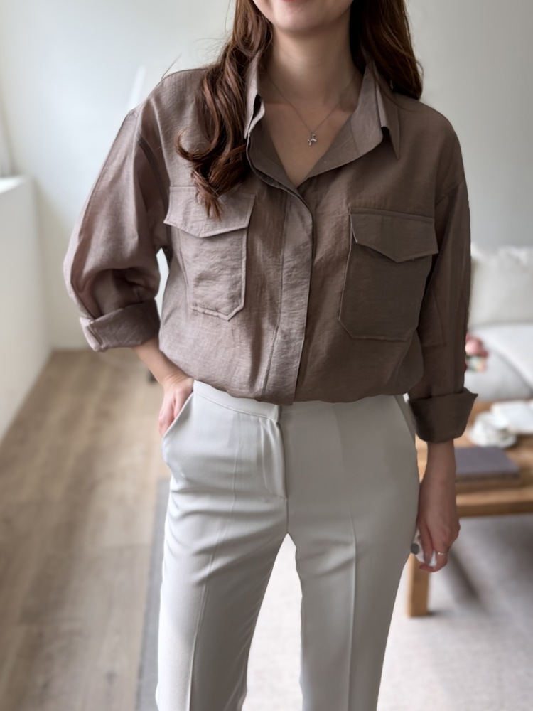 Feminine Belted Pocket Blouse (Brown)