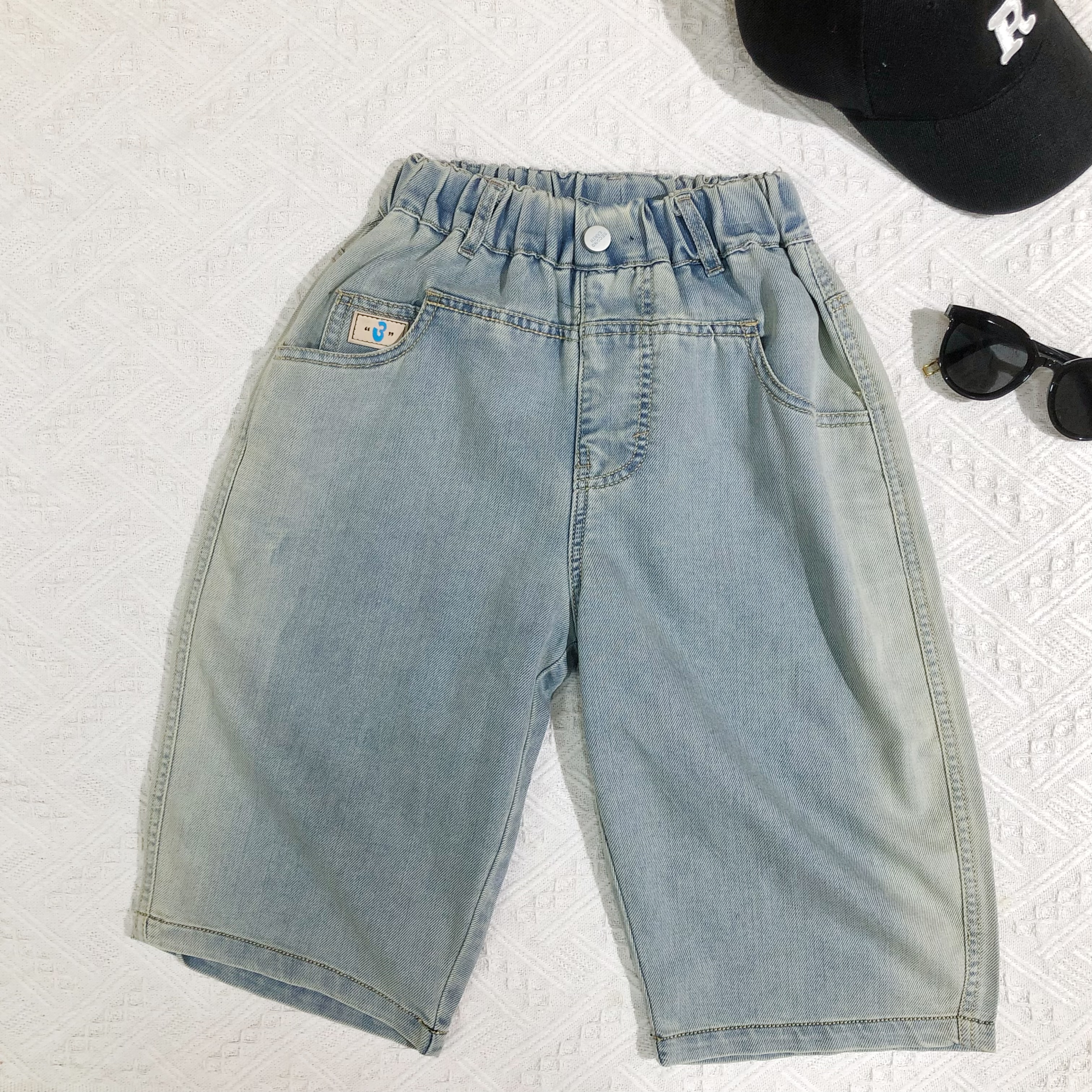 Elastic Waist Denim Shorts with Pockets