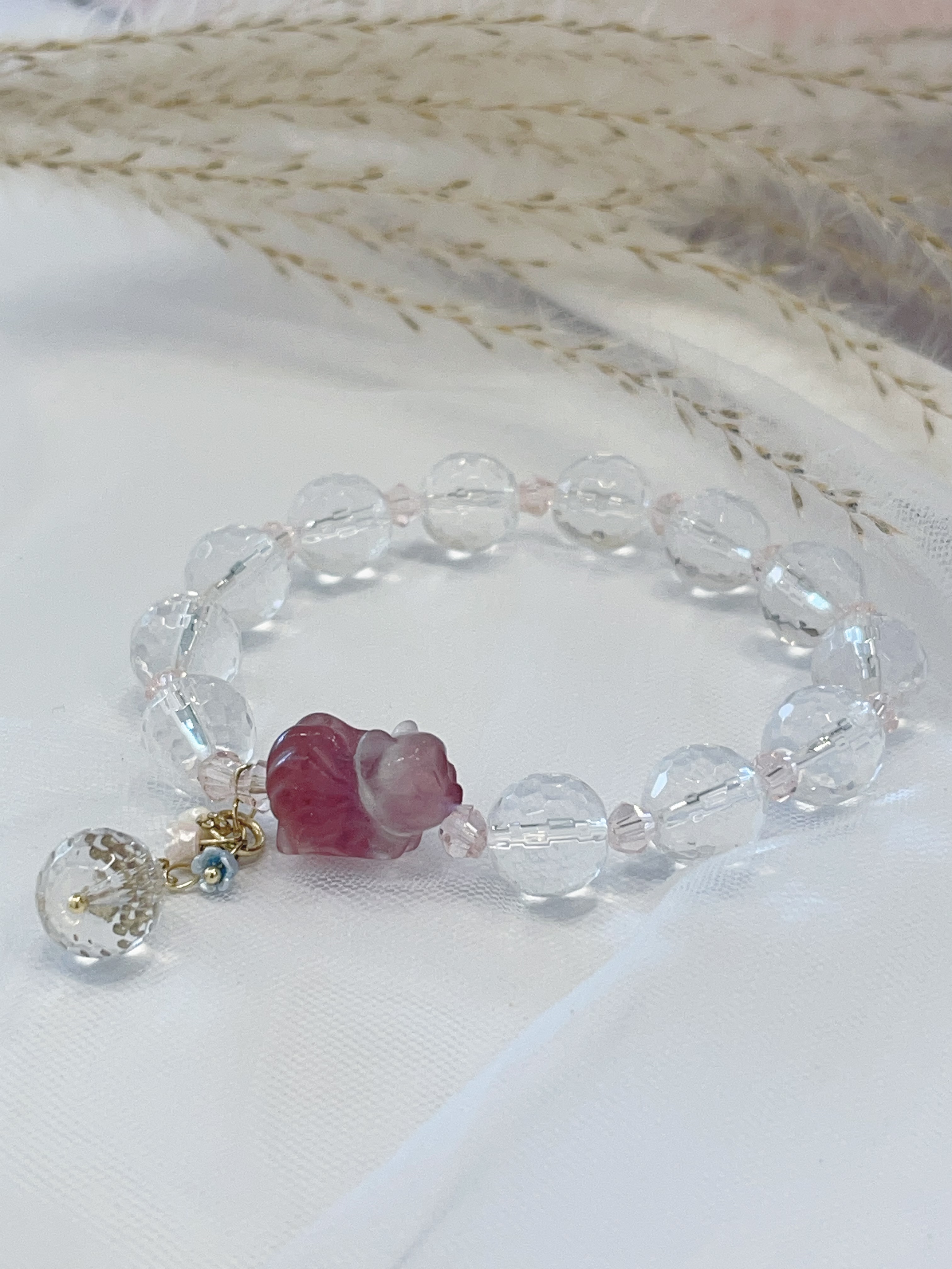 🦊 萤石小狐 × 白水晶手串 Fluorite Fox & Cut Clear Quartz｜10mm