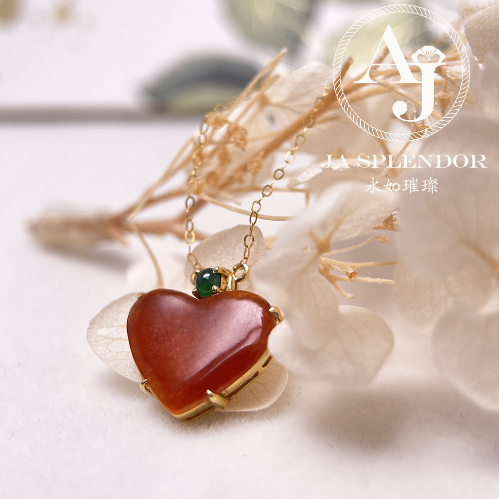 JNk-12 天然翡翠A玉 冰潤紅翡翠心心相印18K金吊墜連項鏈