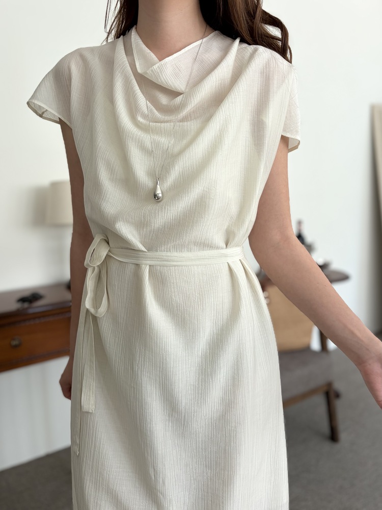 Draped Neck Dress with Inner Slip (Cream)