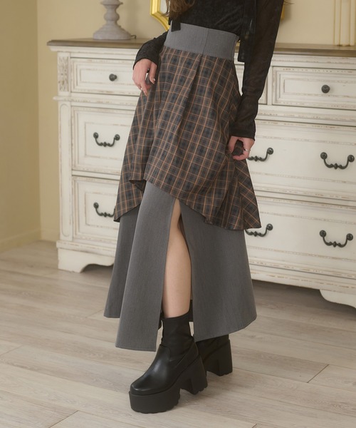 格子雙層開衩喇叭裙