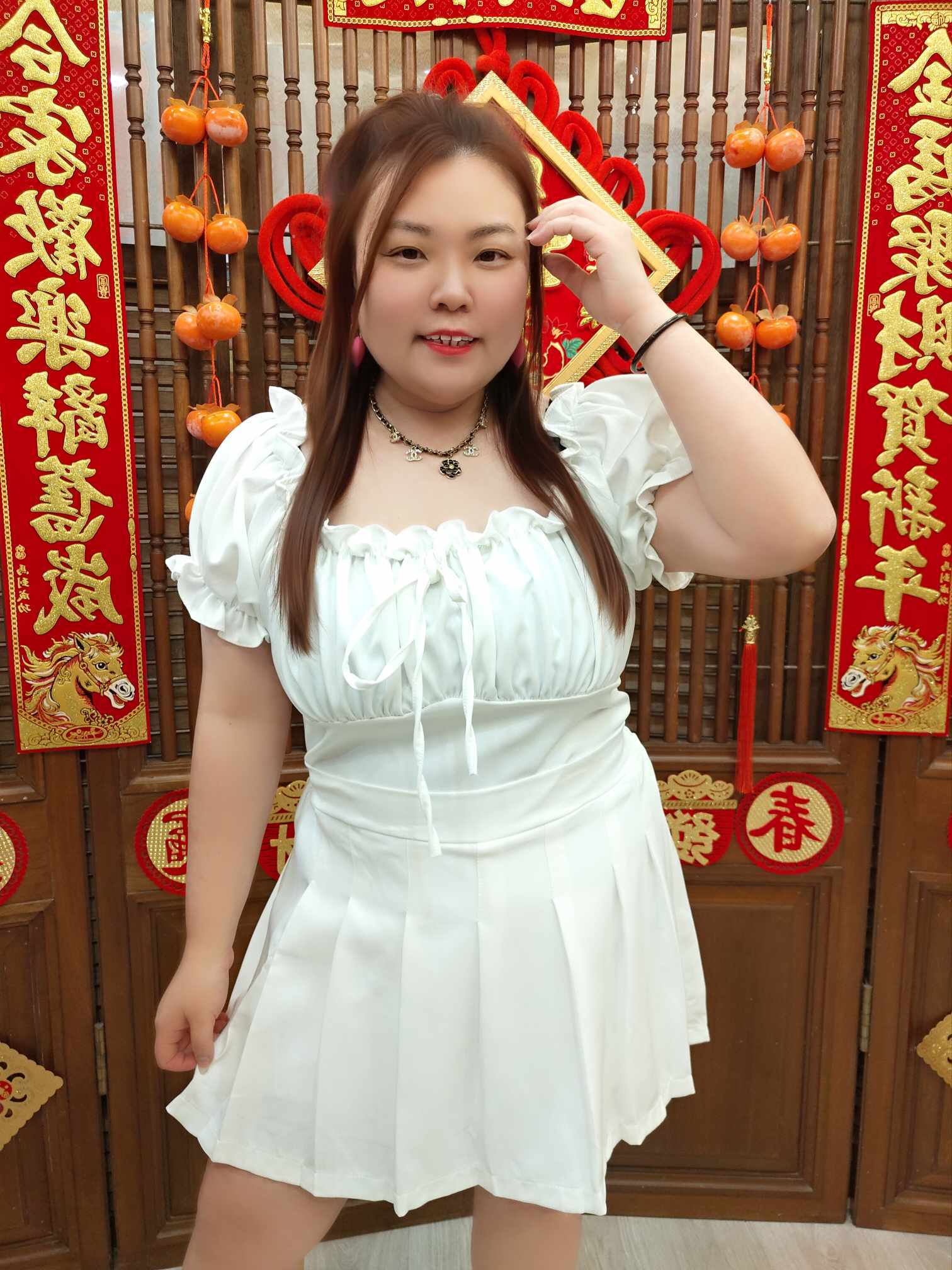 NJA01 TT908/TT908SK 甜辣大U领皱褶上衣裤裙套装