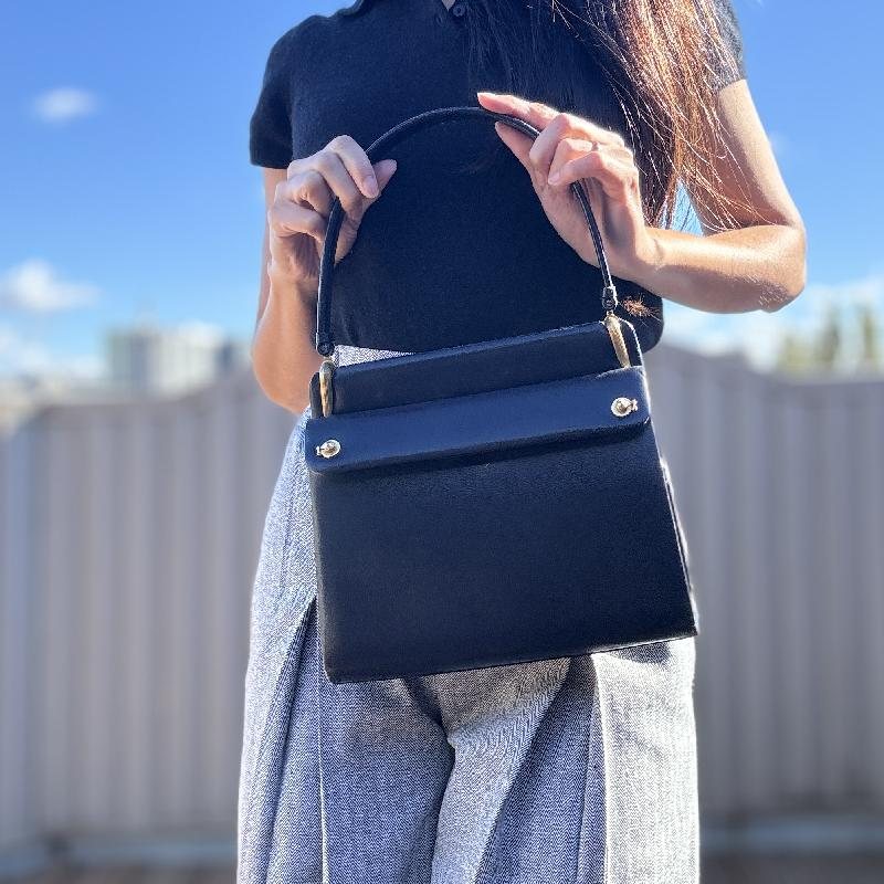 C.a. 1950-60s Elegant Navy Blue Structural Handbag with Golden Hardware (MT2123)