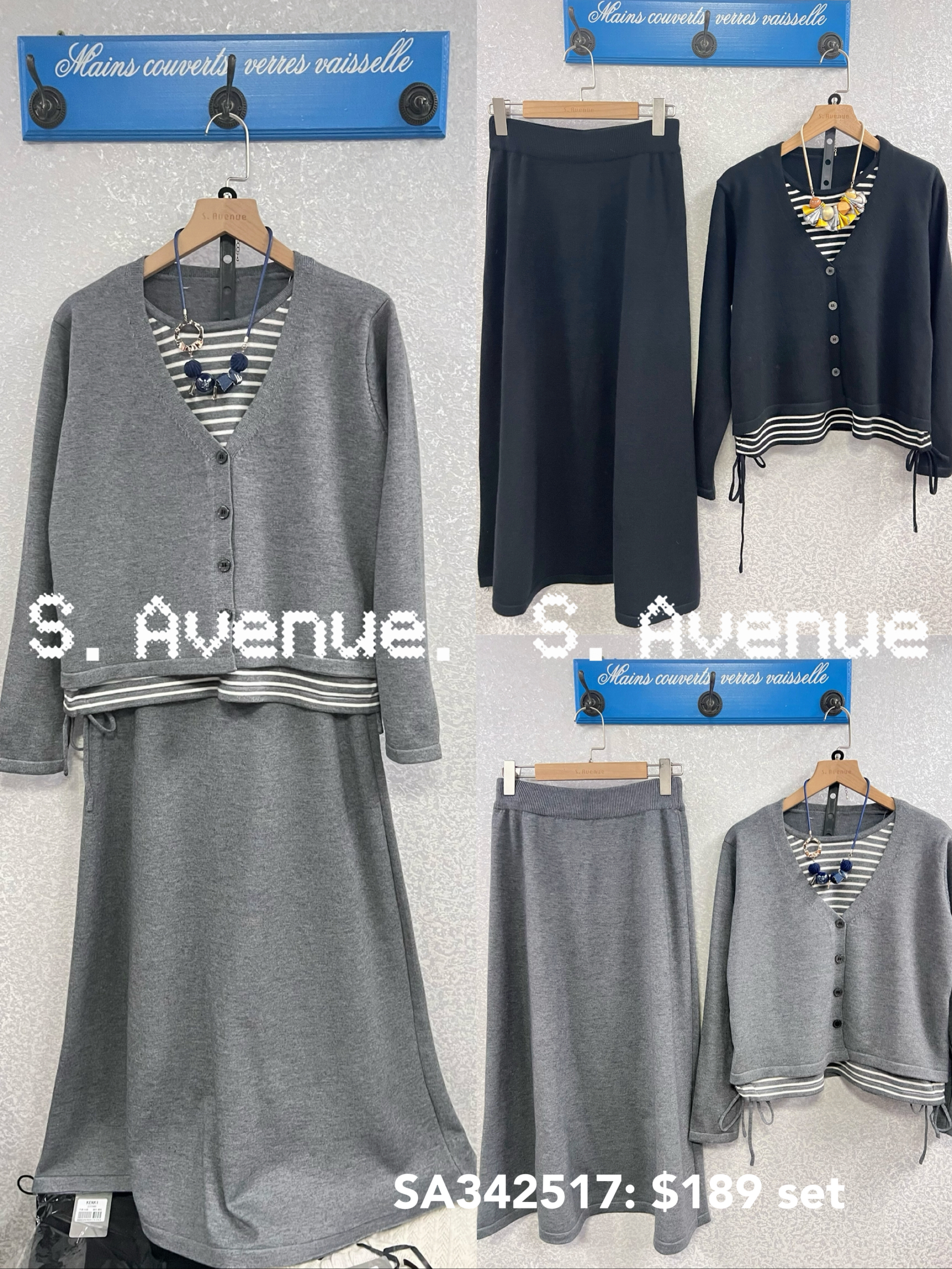 SA342517: 長袖間條假兩件上衣加A字長裙套裝