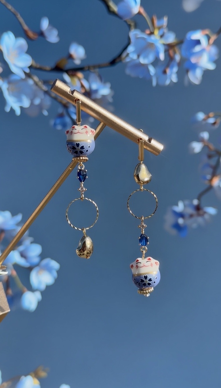 粉藍招財貓耳環💙安全