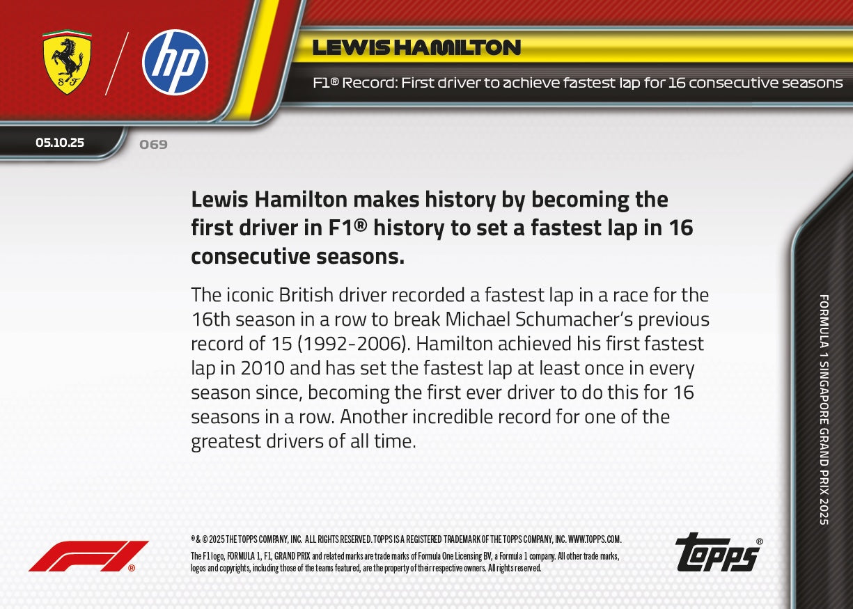 Lewis Hamilton - 2025 F1 Topps NOW® #69 Singapore GP 最快圈紀錄卡｜PR 4,082