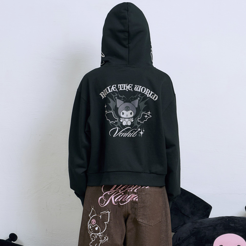 Venhit x Kuromi VK Serif Lettering Side Zip-up Hoodie Black