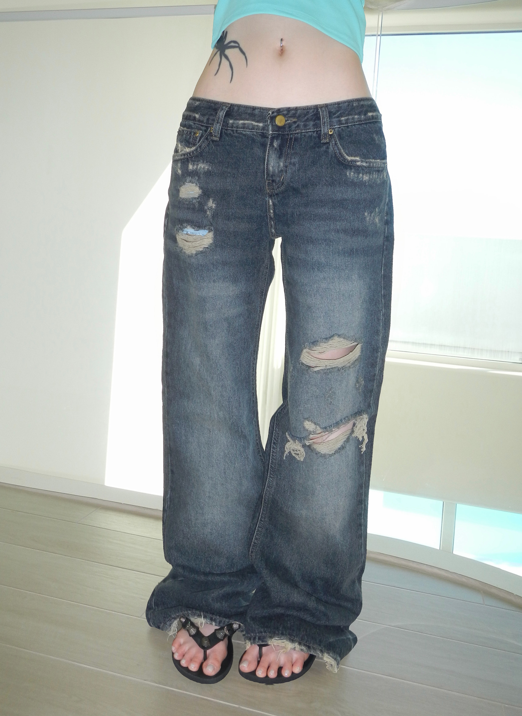 Washed Distressed Wide-Leg Denim