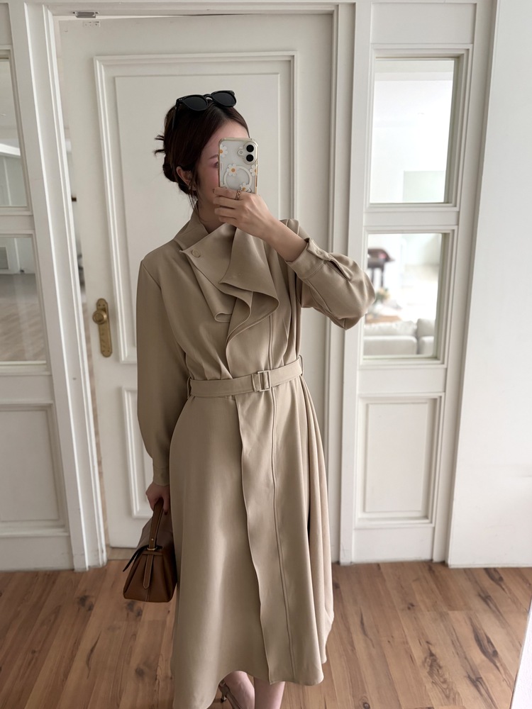Classic Flared Trench Dress (Warm Beige)