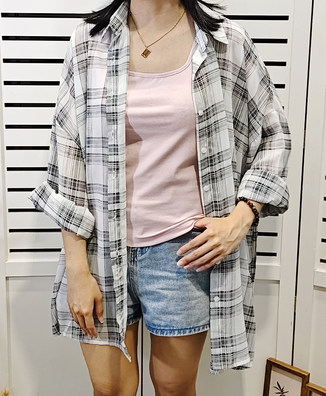 JY9027 Sheer Long Sleeve Collar Checked Shirt