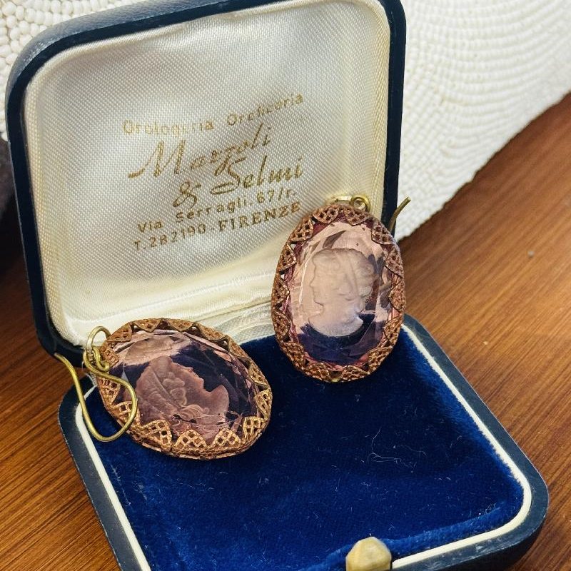 Vintage Recomposed Intaglio "Cameo" Pink Glass Hook Earrings