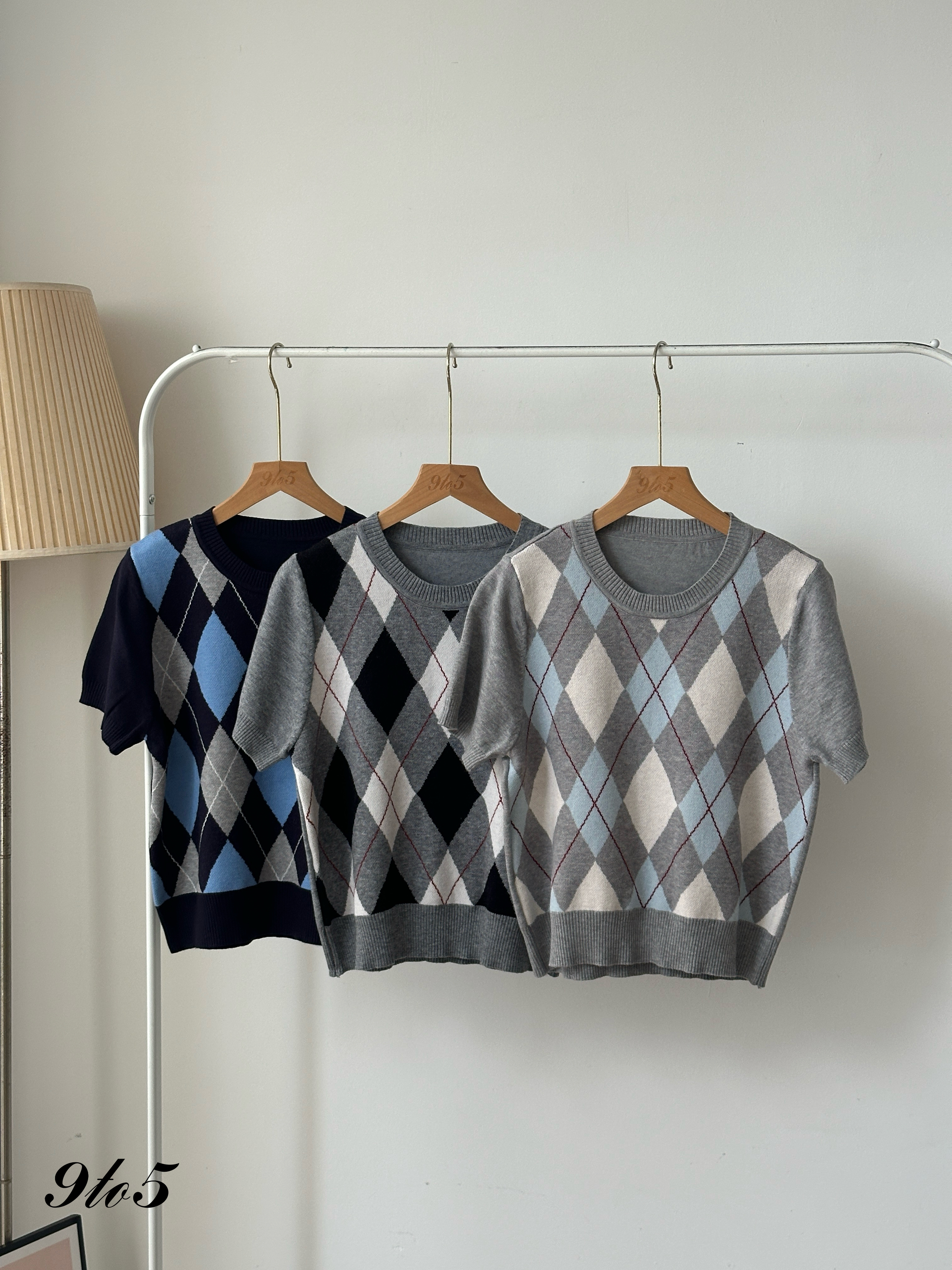 T4005 Argyle Knit Short Sleeve Top - 5 Colors 