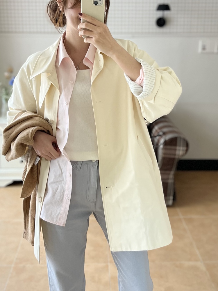 Stripe-Lined Relaxed Trench Coat (Cream)