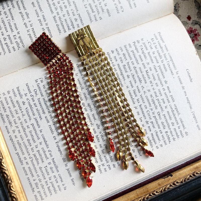 C.a. 1980s Red Rhinestone Extra Long Waterfall Tassel Clip Earrings(MT1801)