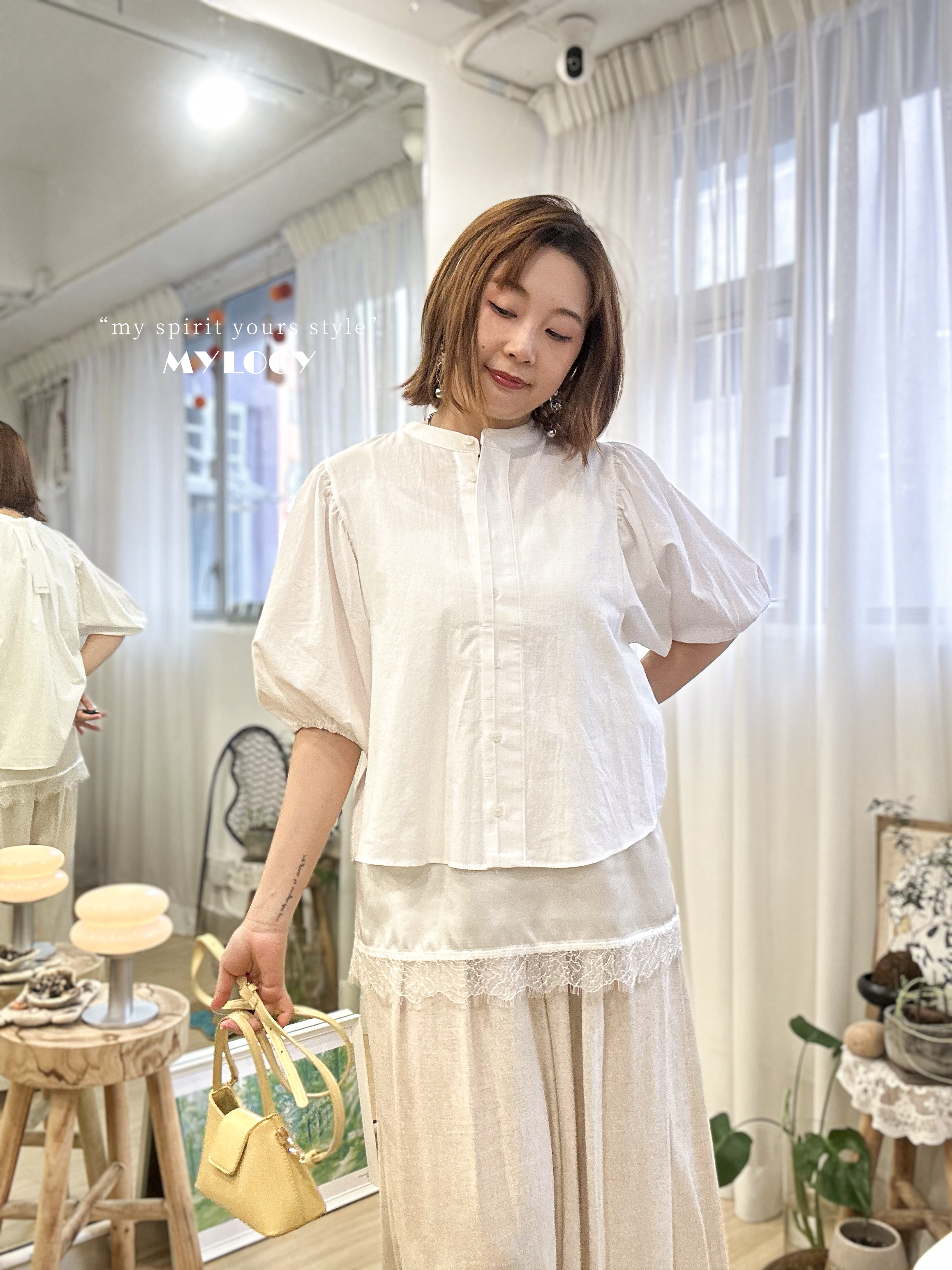 泡泡中袖圓領基本款襯衫 DE0004 - 白色 WHITE