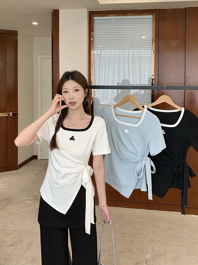 B22(36691) 韩版时尚撞色U领小兔刺绣腰边褶皱绑带开角3色上衣 