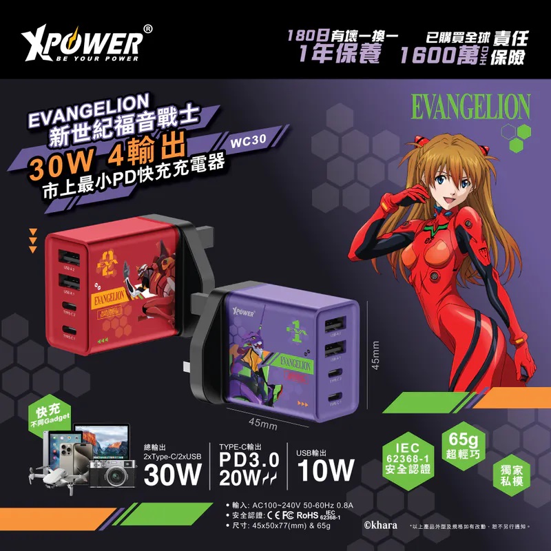 XPOWER EVA新世紀福音戰士 30W 4輸出PD快充充電器 (WC30)