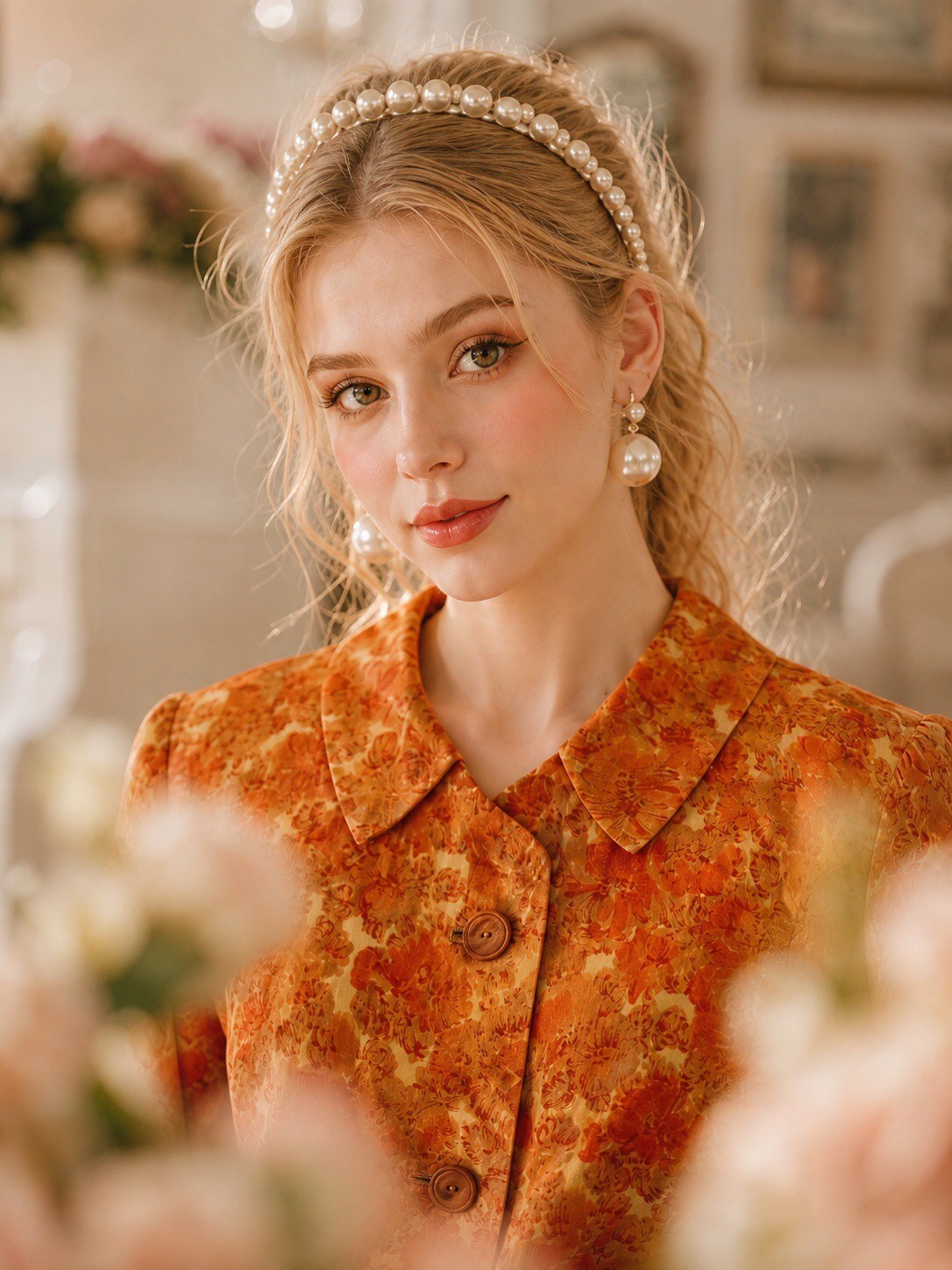 復古午茶橘紅碎花翻領襯衫Aurelia Vintage Floral Blouse