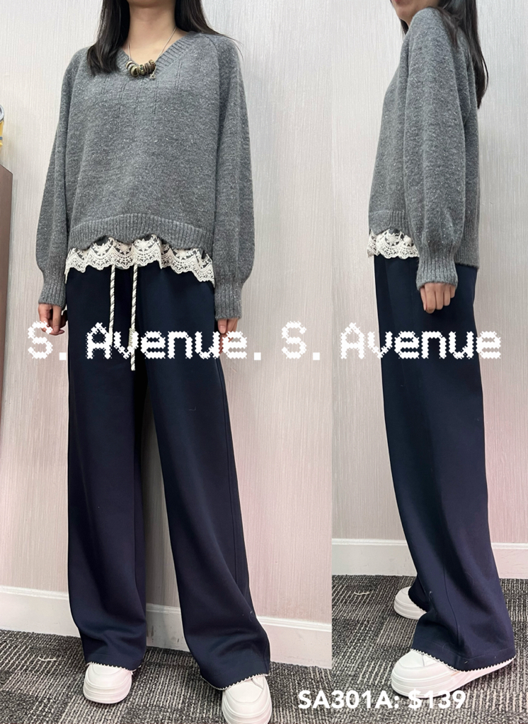 SA301A: 長袖燈籠袖V領腳lace冷衫