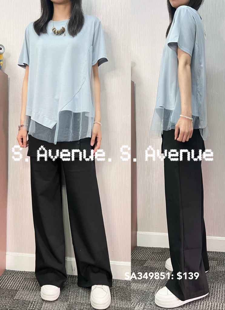 SA349851: 短袖淨色下拼紗tee