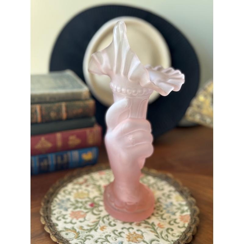 Rare! Antique 1920s Art Deco Blossom in Lady's Hand Pink Frosted Glass Vase (MT2189)