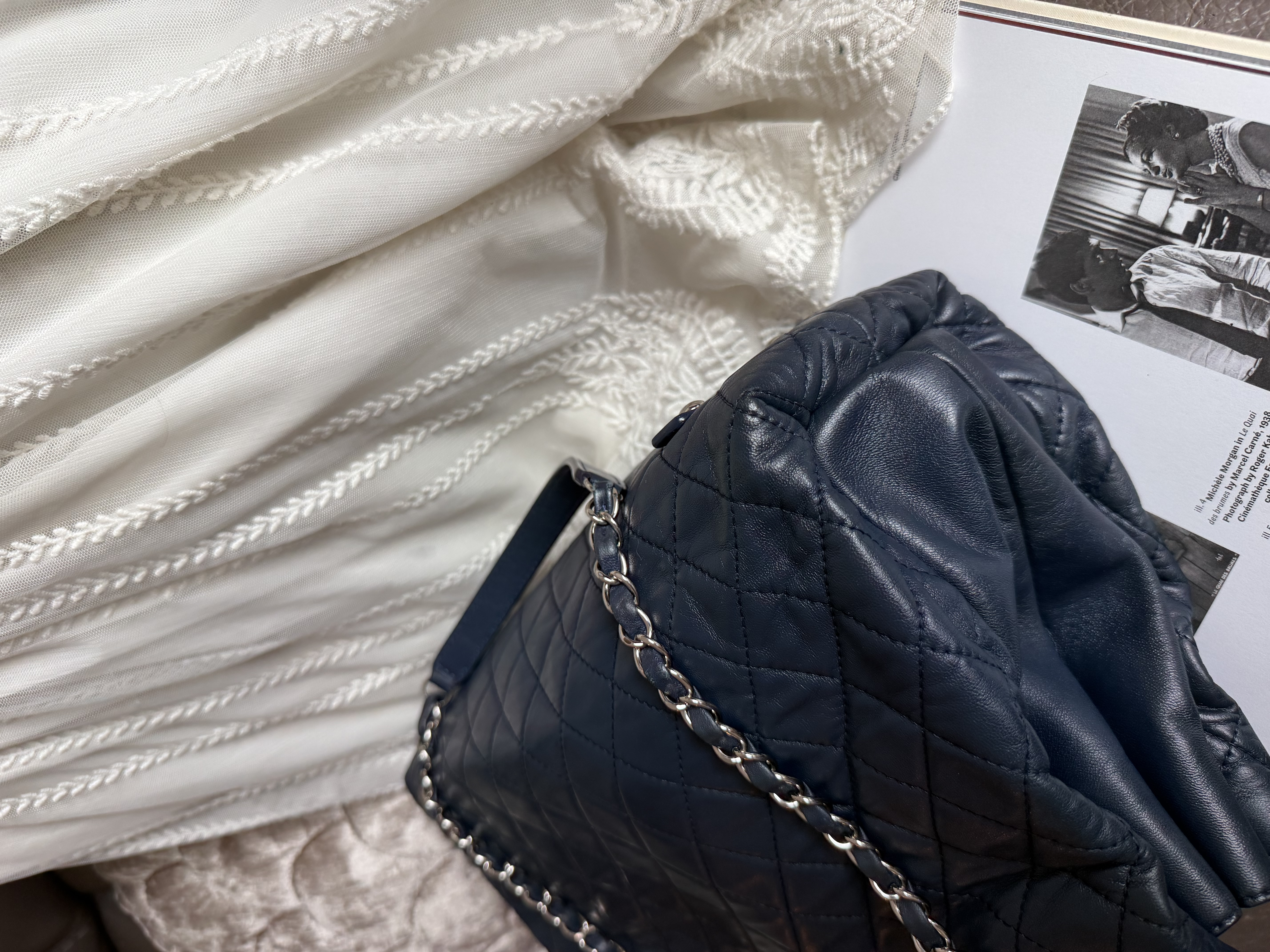 Chanel quilted matelasse navy leather chain bag