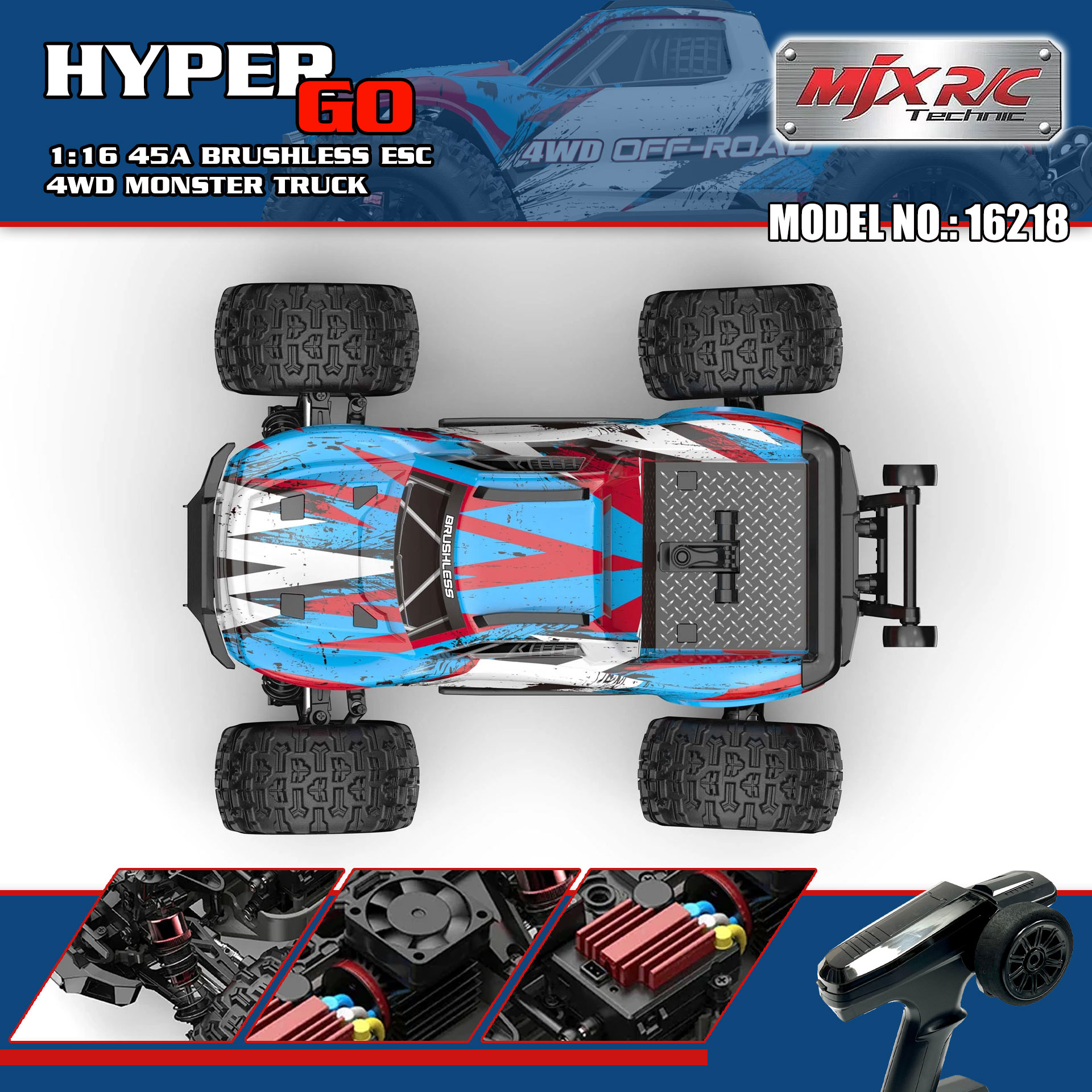 全新 美嘉欣 MJX R/C 1:16 16218 無刷大腳車 | 防翻尾輪 | 金屬齒輪 | 油壓避震 | 可用2s-3s電 | 最高速約60KM/H
