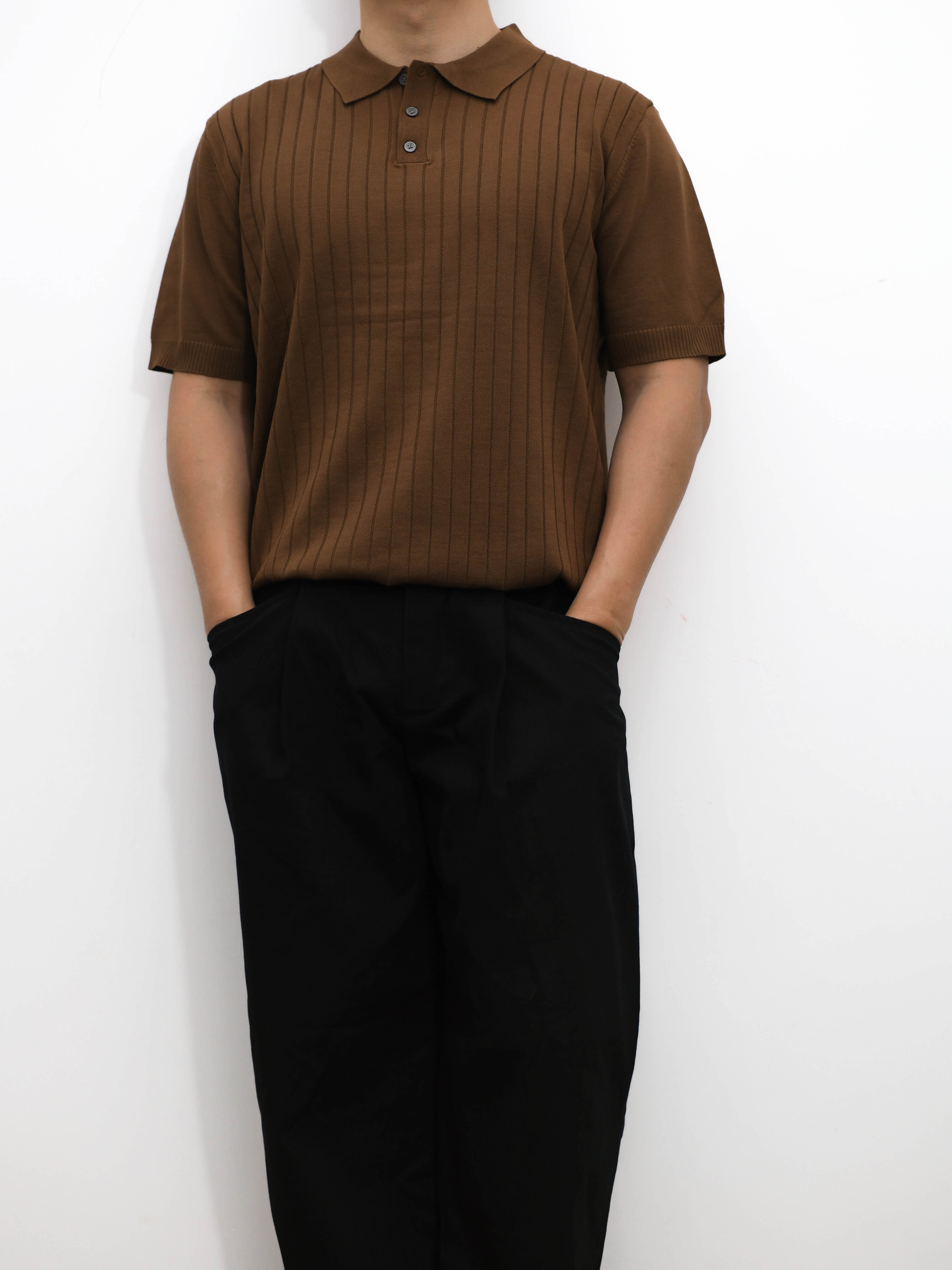 Brown Ribbed Knit Polo