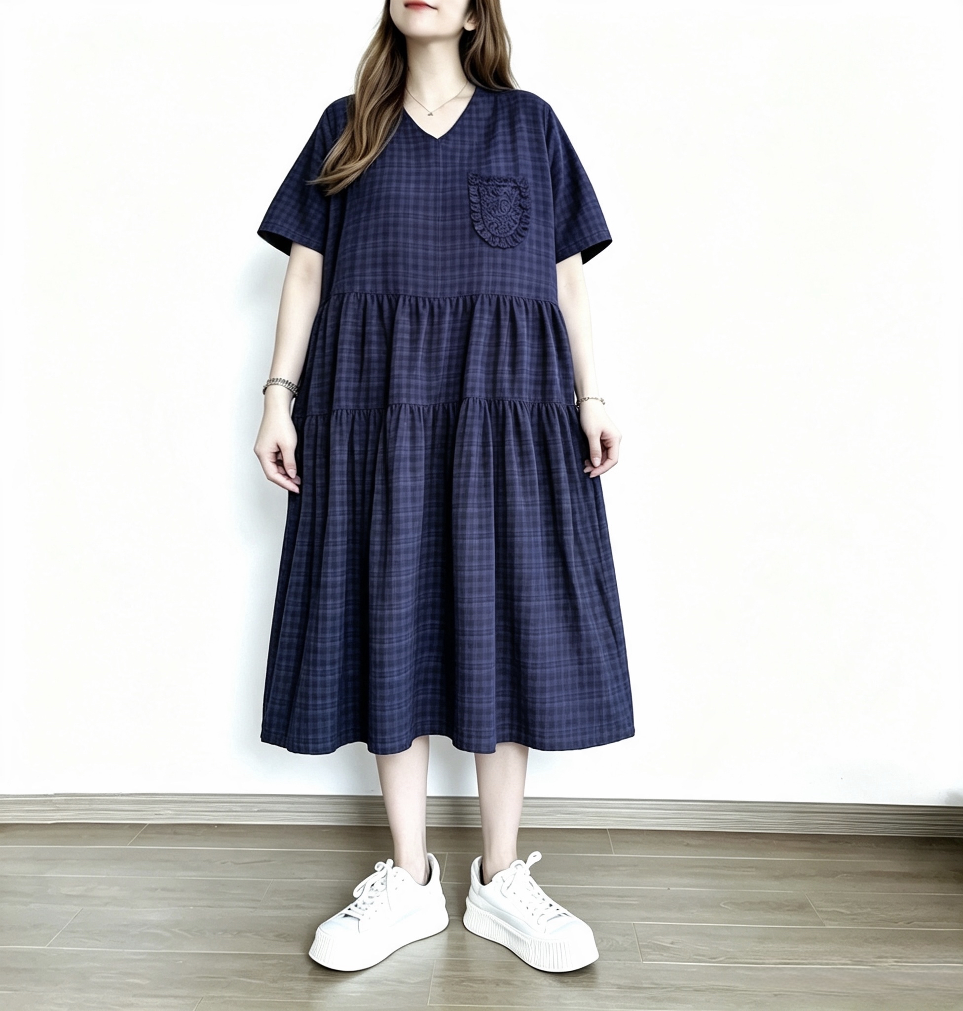 日系格仔刺繡傘裙