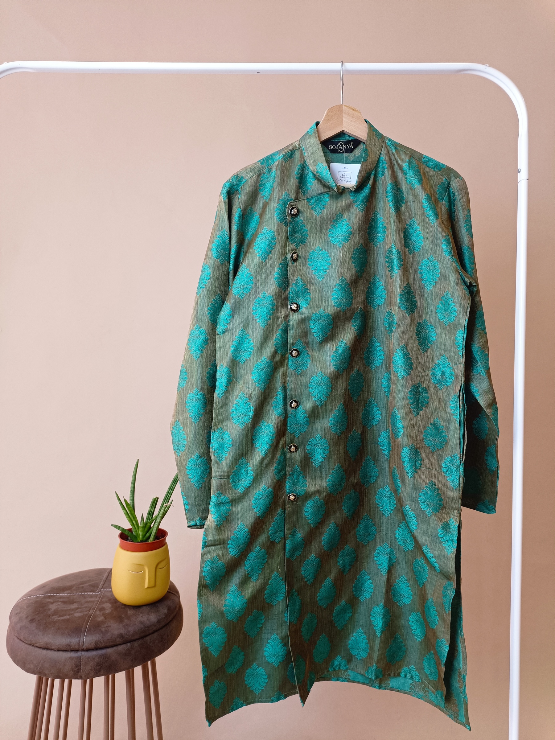 Army Green With Ethnic Motifs and Side Buttons Men Kurta