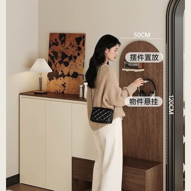 奶白色實木鞋櫃中古風訂造玄關換鞋凳洞洞板家居收納一體櫃Sideboard