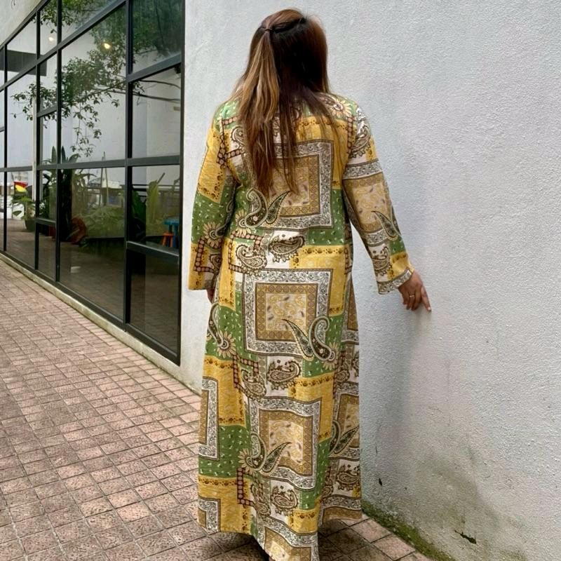 Linen Patchwork Dress - Moss Yellow