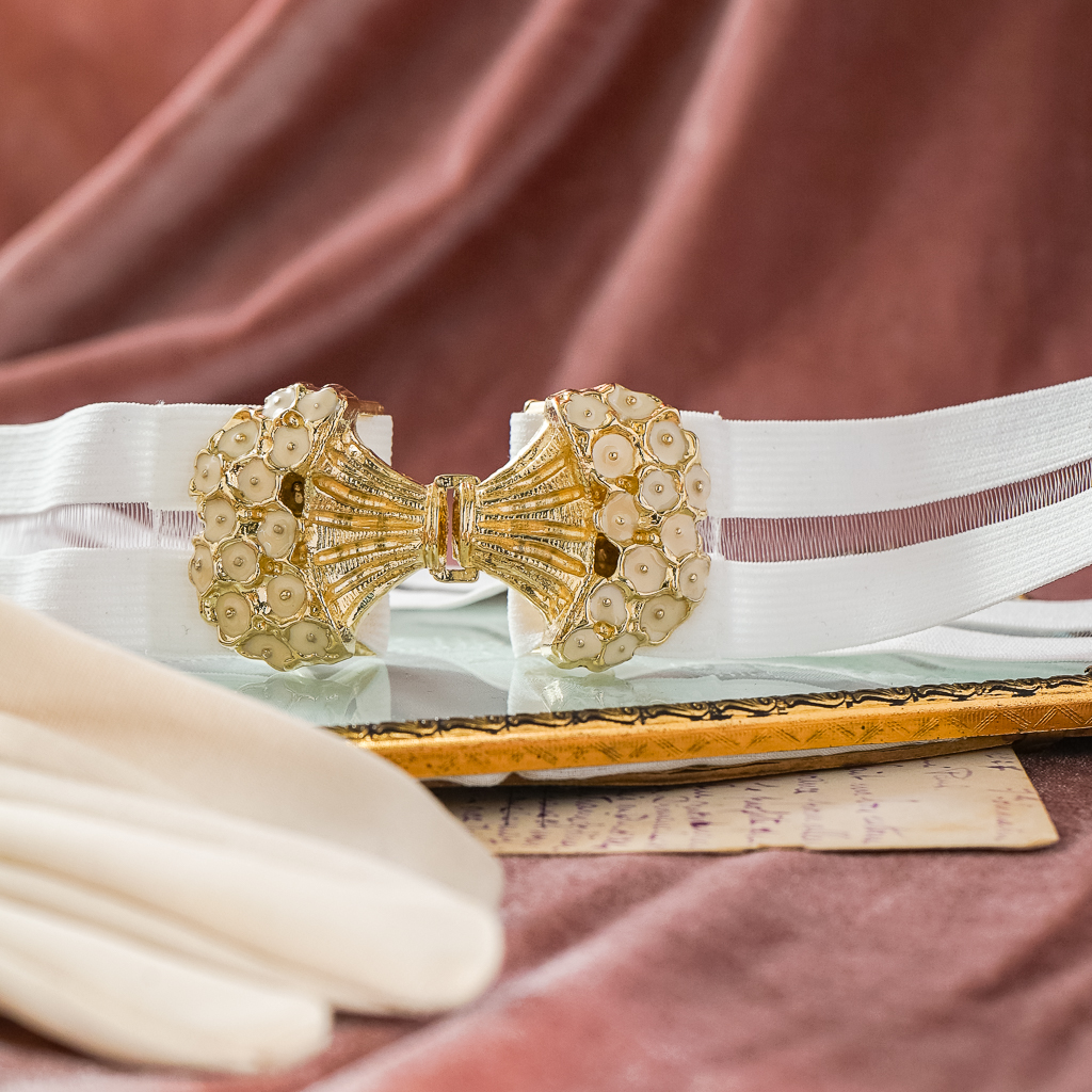 Vintage Japanese Bouquet Belt Buckle with Striped White x Mesh Elastic Band (E013 x K013)
