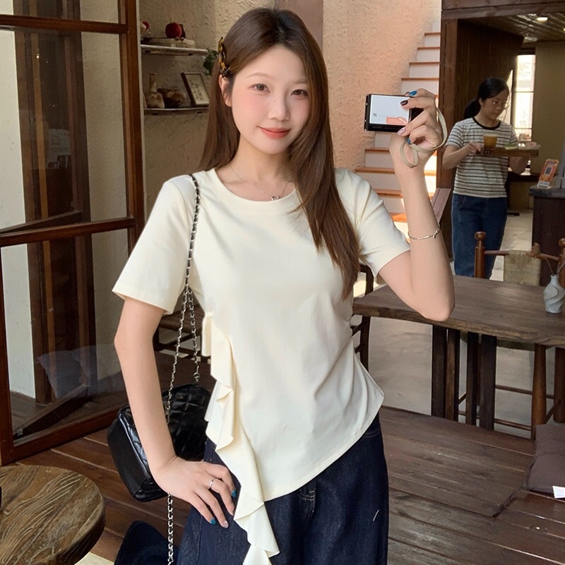 B83(36658) 韩系甜美风圆领短袖腰边荷叶飘带设计感3色上衣