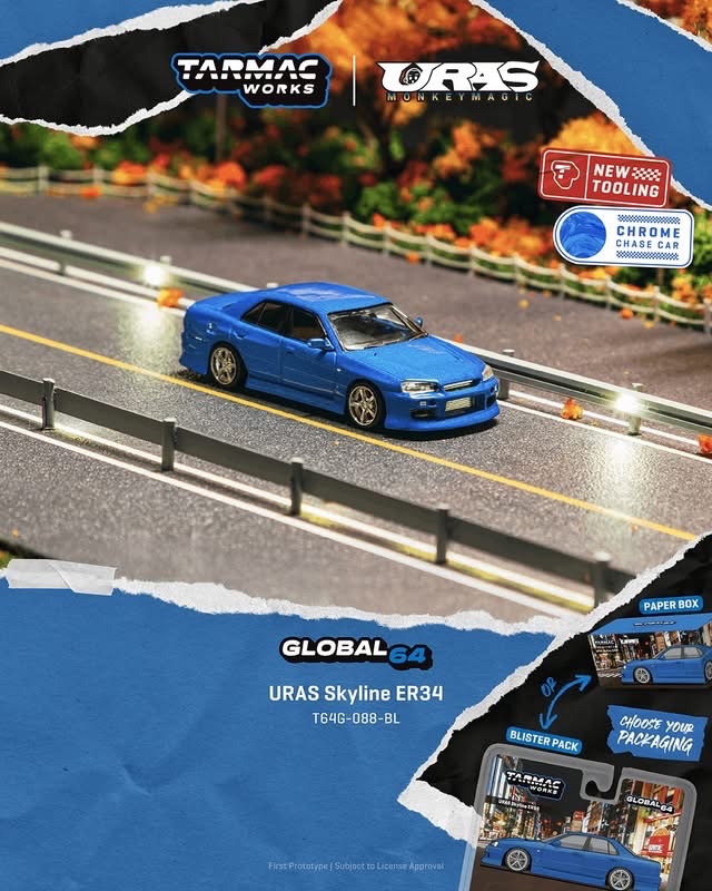 （預訂 Pre Order) Tarmac Works ( T64G-088-BL ) URAS Skyline ER34 Blue