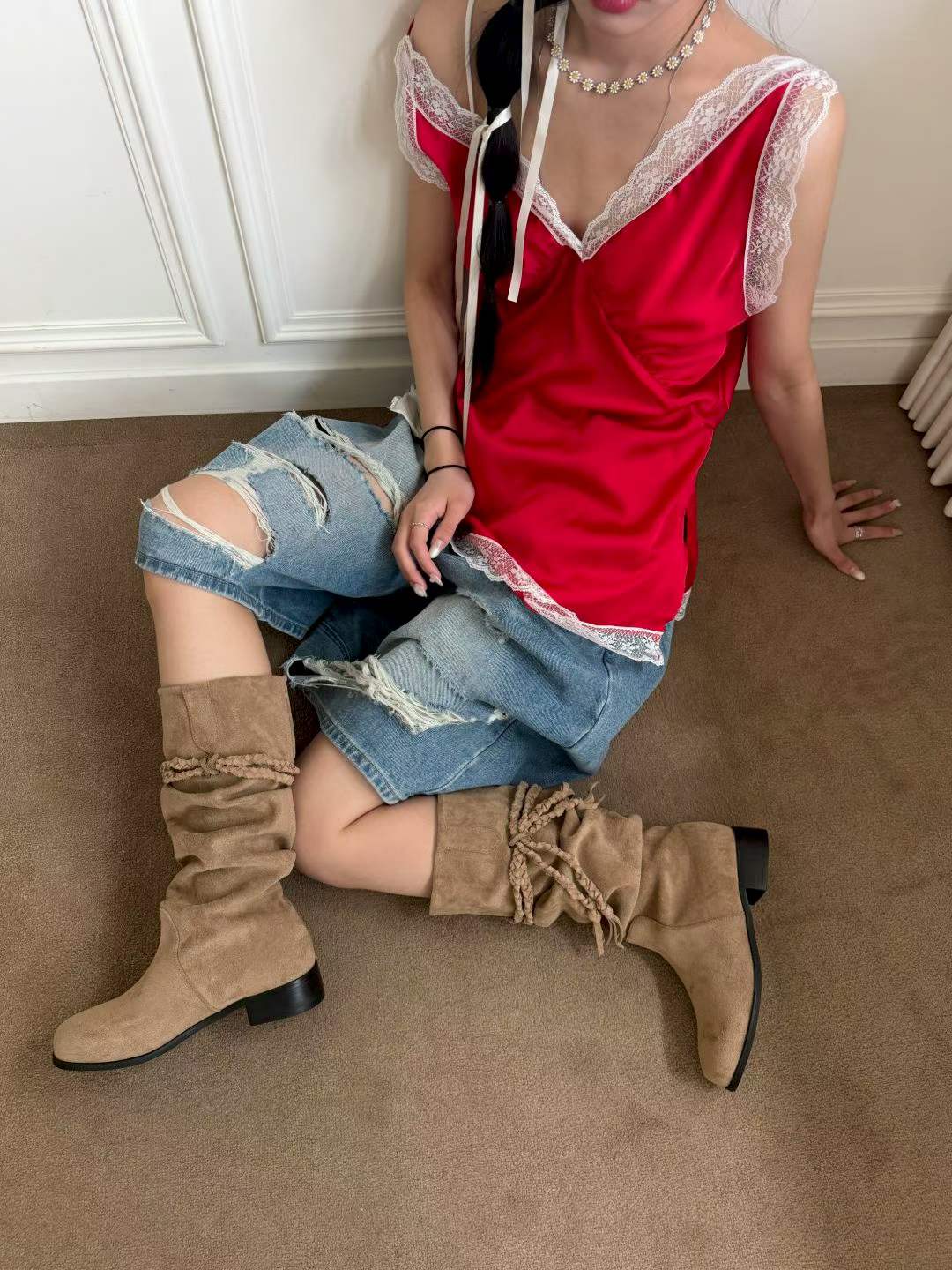 【預訂】韓國直送 東大門女裝 麂皮流蘇中筒靴
