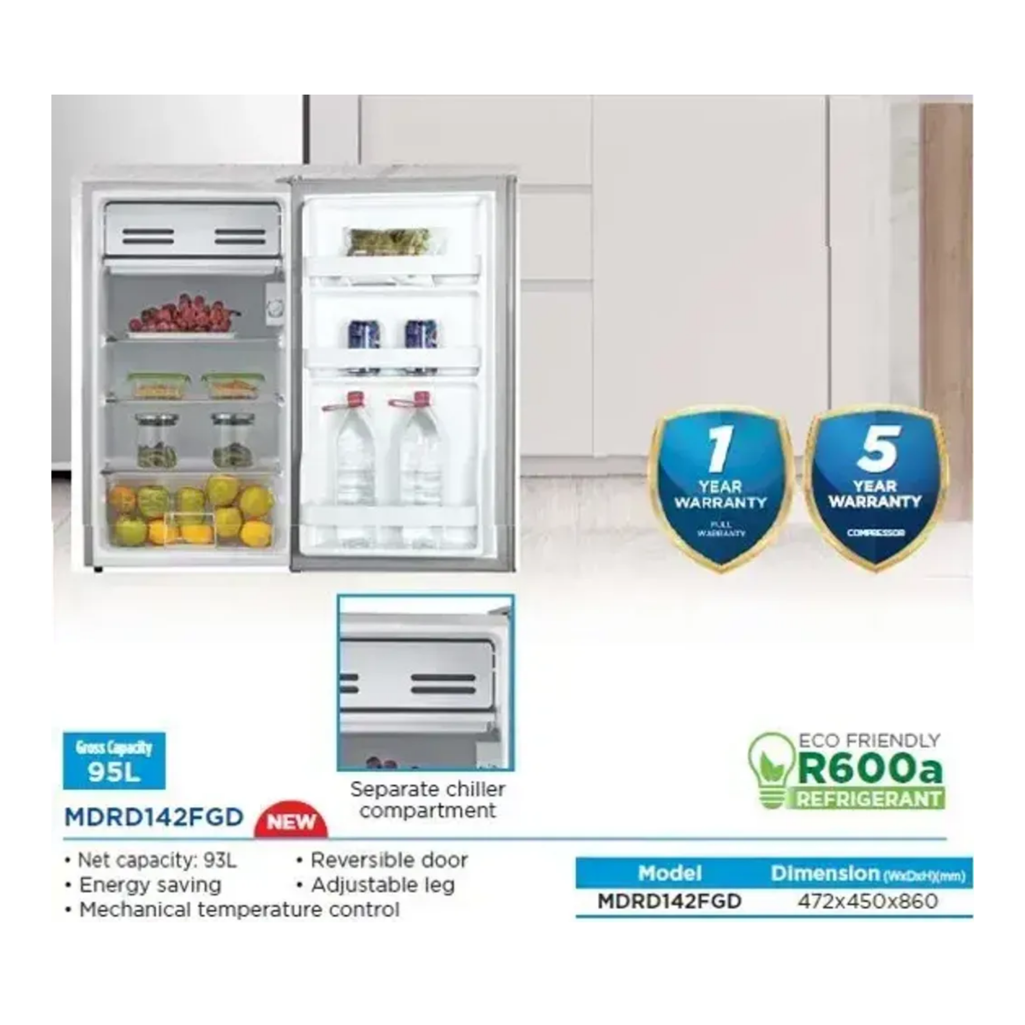 Midea 95L Mini Bar Refrigerator MDRD142FGD
