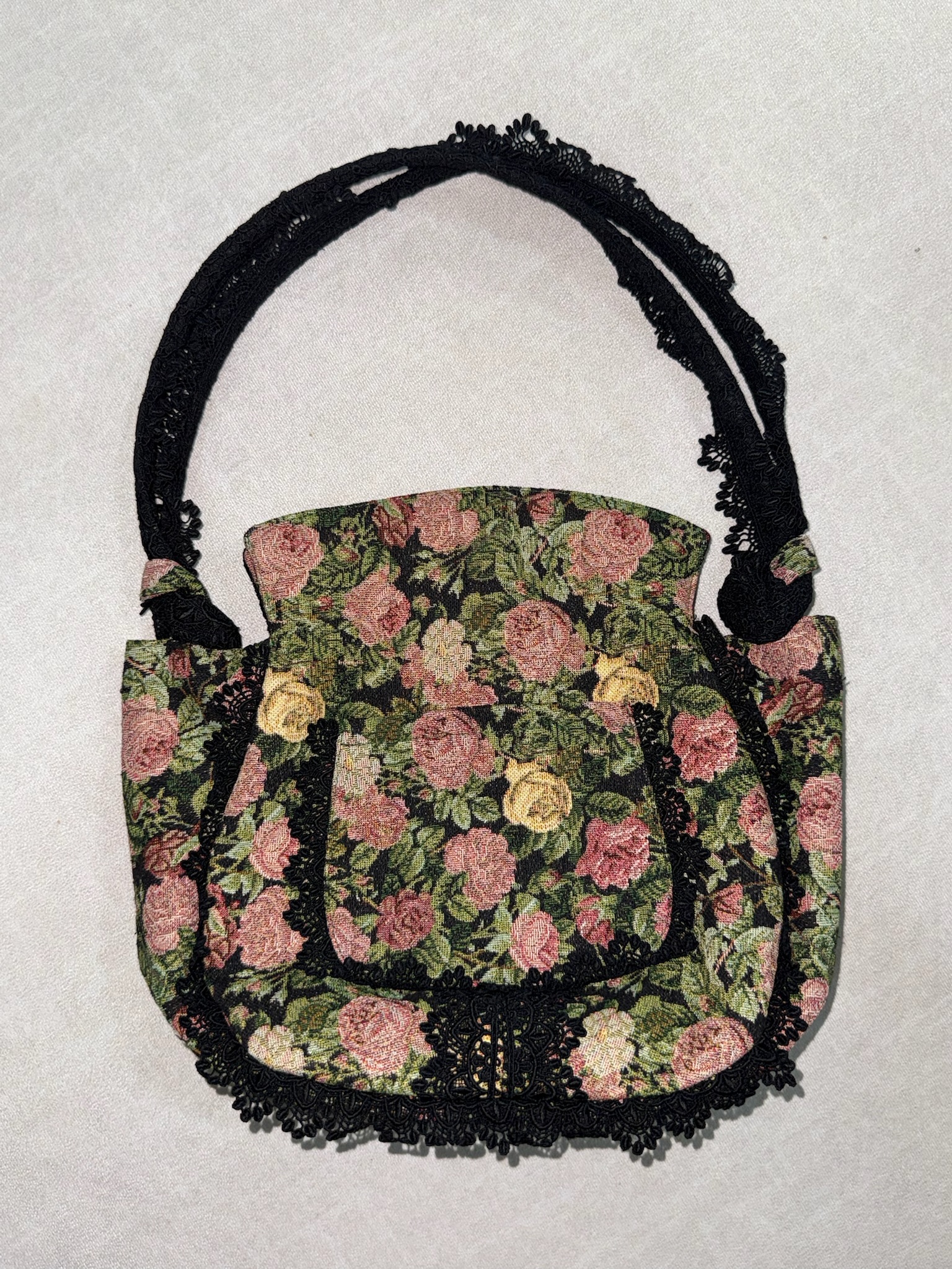 Black Rose Print Lace-Trim Handbag