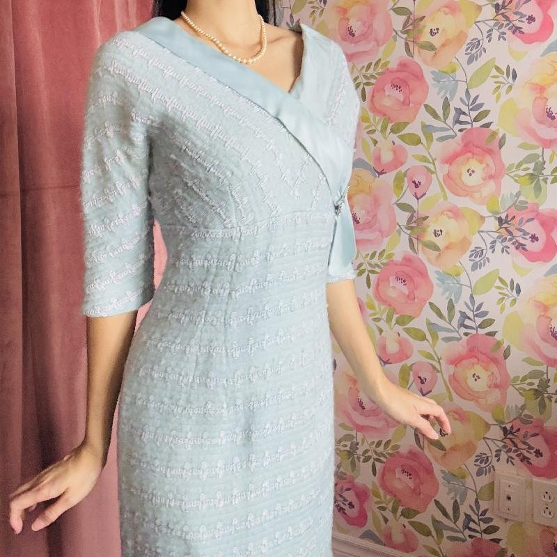 Rare! 1950s Powder Blue Wool Dress with Sparkly Belt Buckle and Satin Trim (MT1938)