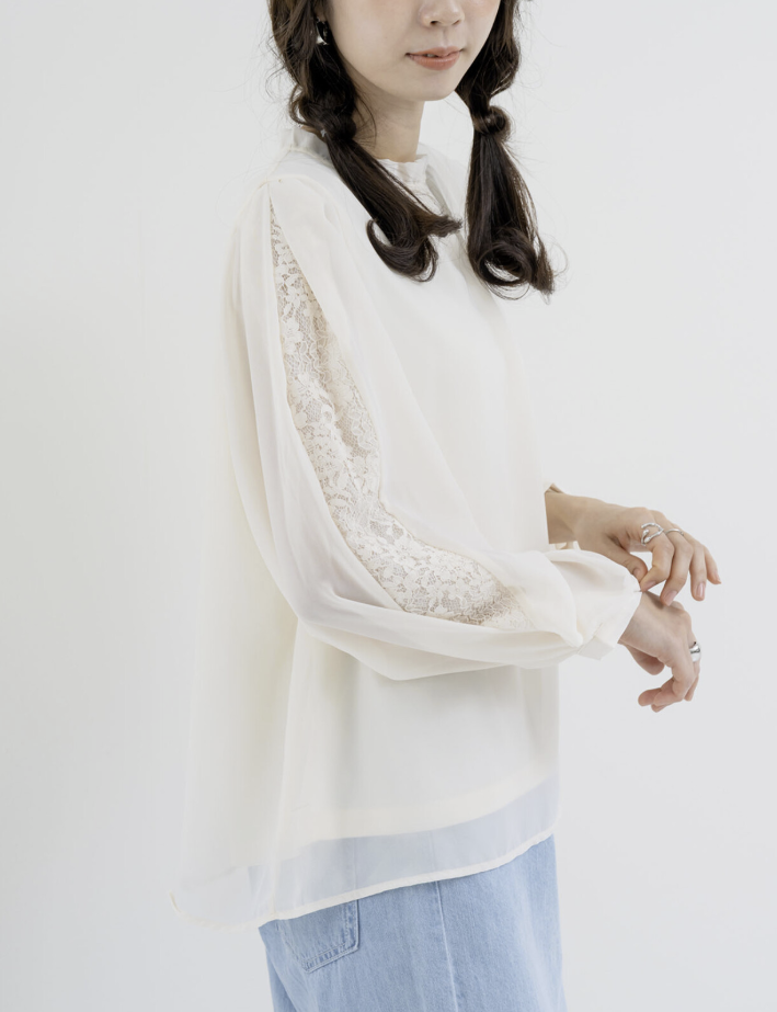 袖花紋蕾絲開衩襯衫 - 2026 流行穿搭  蕾絲襯衫 春夏時尚穿搭 柔軟舒適 成人休閒 日常穿搭 易於配搭 日本直送   #JP-I-260013