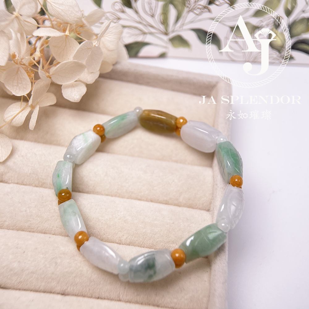 OF-06-J 天然翡翠A玉 - 冰潤三彩長壽吉祥龜貝手串