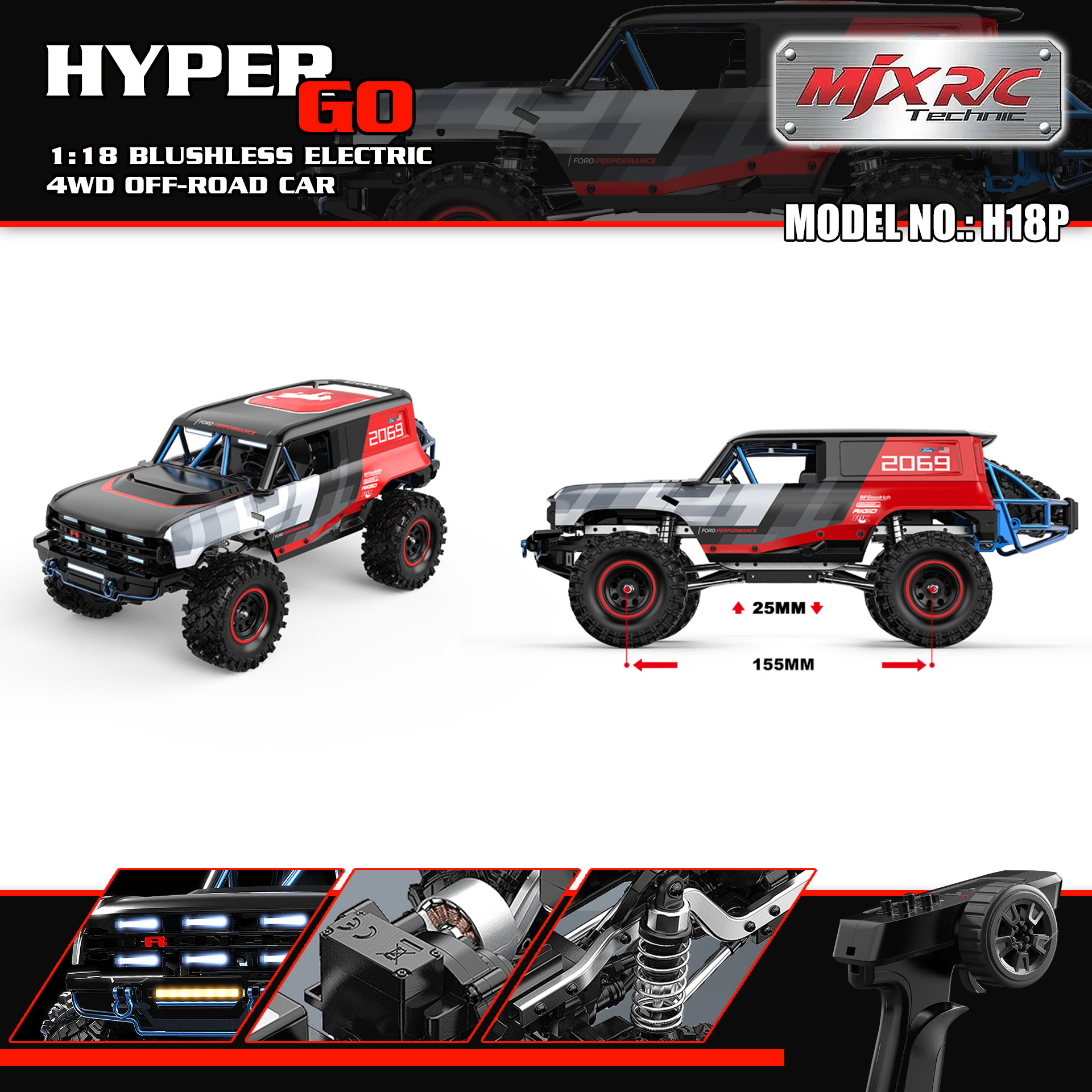 全新 美嘉欣 MJX R/C 1:18 H18P BAJA1000 Ford Bronco R 無刷攀爬車 | 福特授權車殼 | 無刷攀爬車 | 1606 4200KV 無刷馬達 |  DIG 坦克掉頭 | 精美硬殼