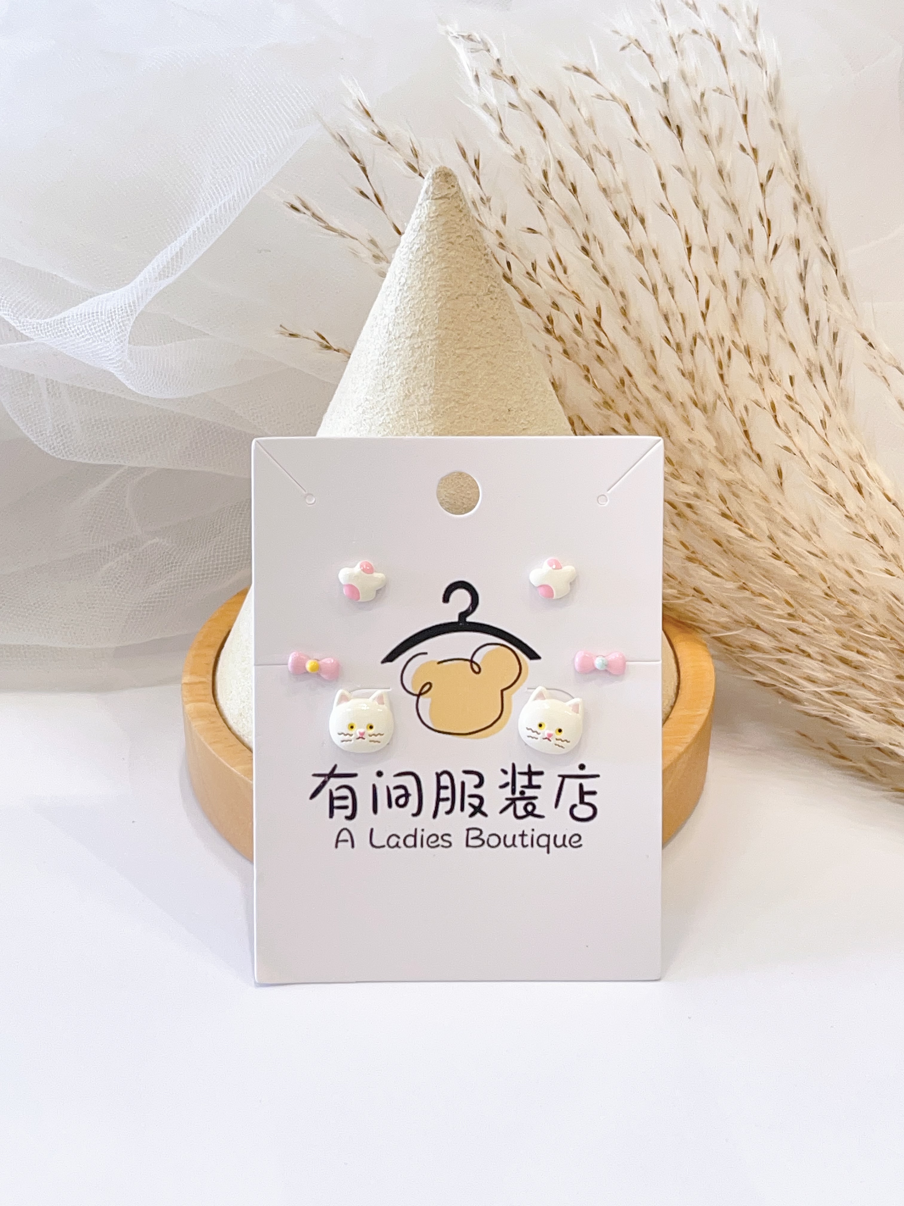 小猫粉色系蝴蝶结耳环套装