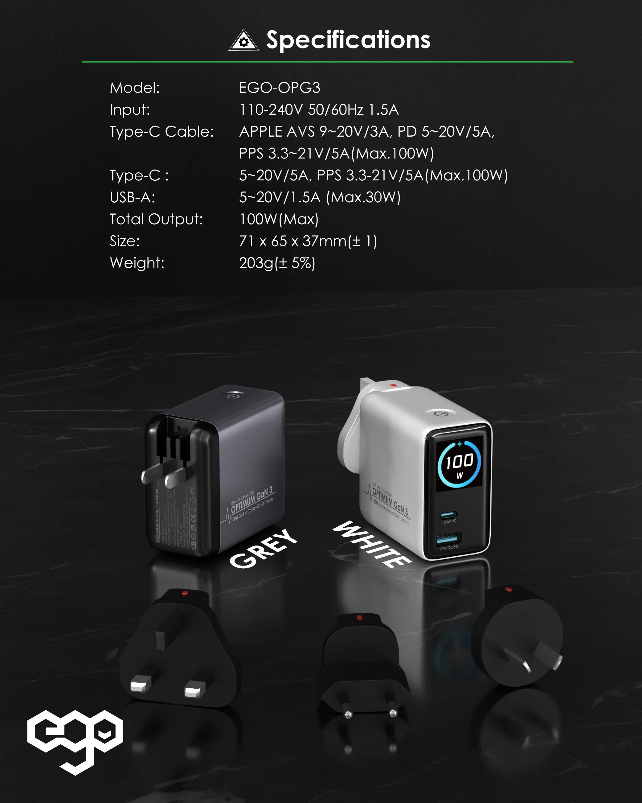 EGO 100W OPTIMUM GaN3 旅行充 [2色選擇]
