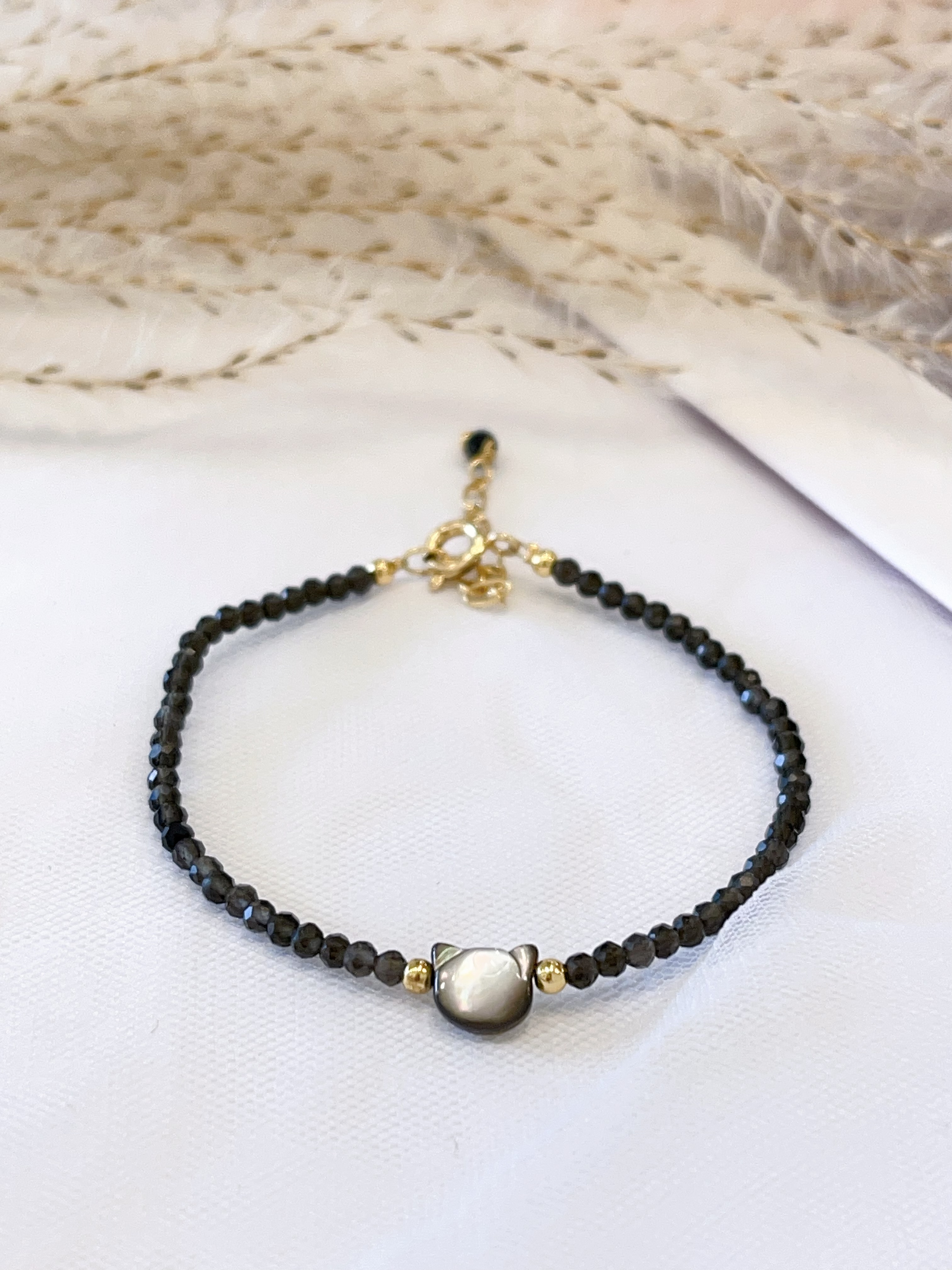 ⚫ 黑尖晶 × 银曜石小猫手串 Black Spinel & Silver Obsidian Cat Bracelet | 2mm