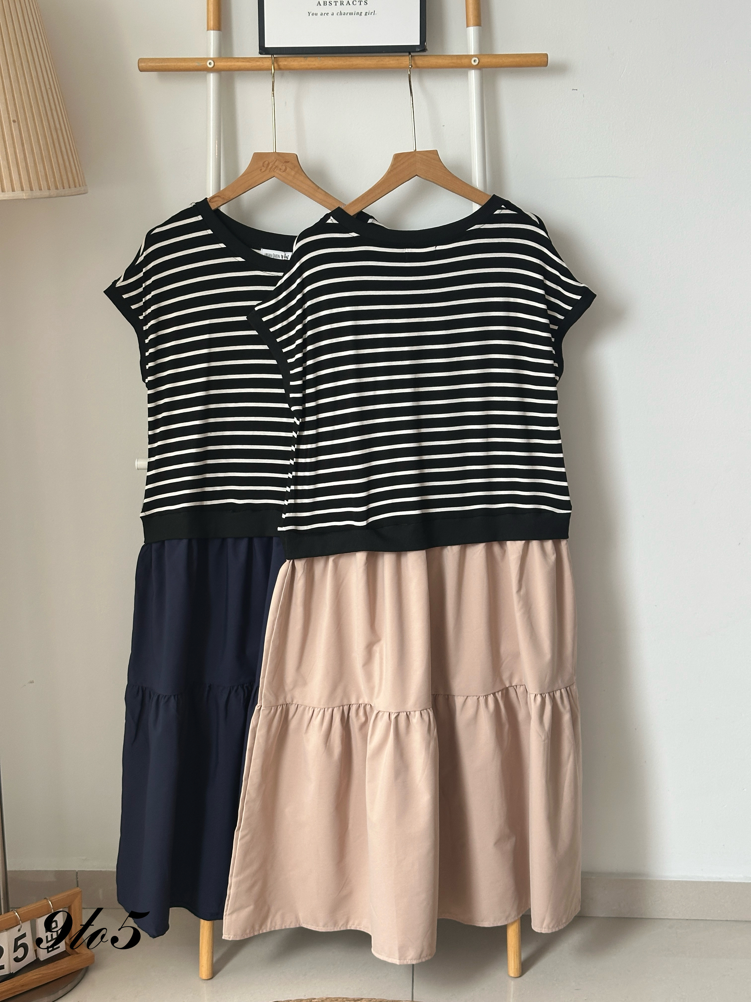 D2327 Stripe Layered Dress - Blue & Khaki